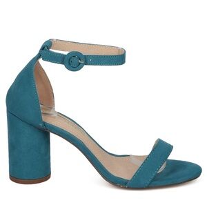 Lilian Dali Teal Faux Suede Open Toe Heels Size 7.